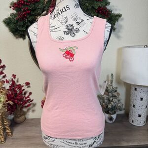 Anthropologie Maeve Embroidered Pink Cherry Ribbed Tank Top Sz S Coquette